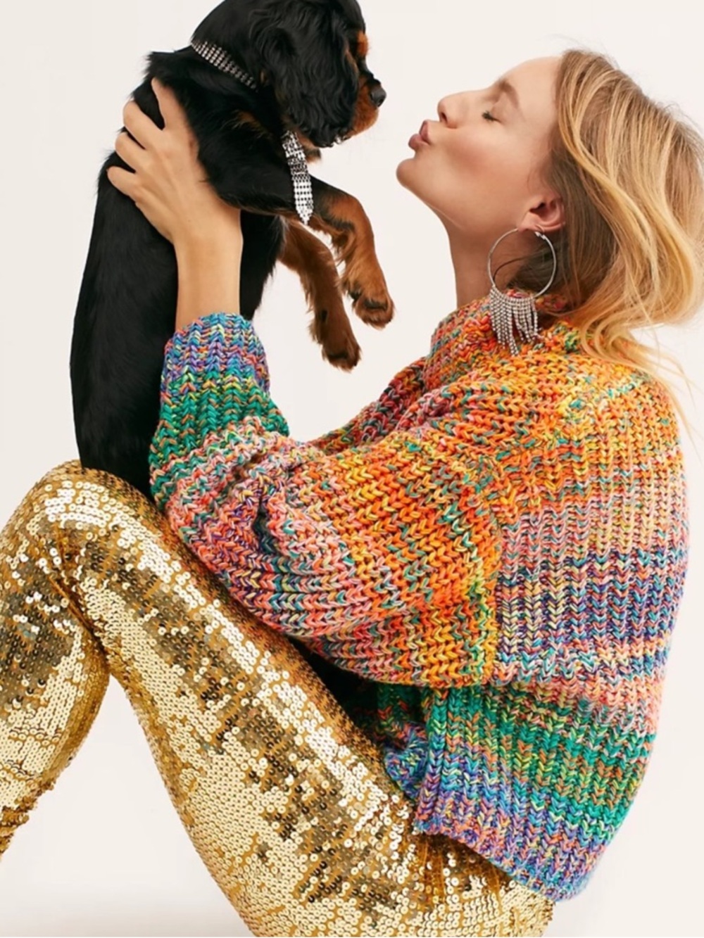 Free People Multicolor Chunky Turtleneck Sweater in Orange, Green, Blue, Pink